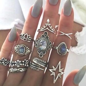 NEW 11-Pc Boho Midi Silver and Blue Ring Set